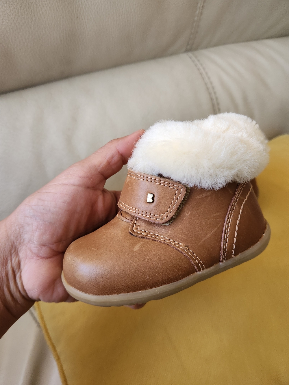 Bobux Tan & Cream Faux-Fur Ankle Boots for Kids